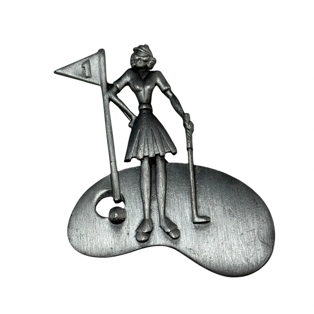 Vintage Golf Brooch Pin Signed AJC Silver Tone Lady Golfer 2” Tall Hole In One 1